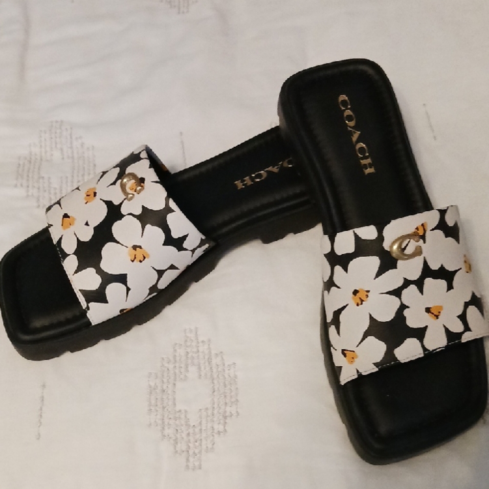 Coach Women's Black and White Floral Slides